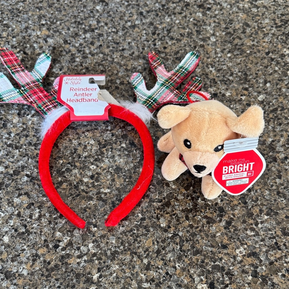 NEW Christmas Kids' Set - Reindeer Antler Headband and Plush Dog with sound